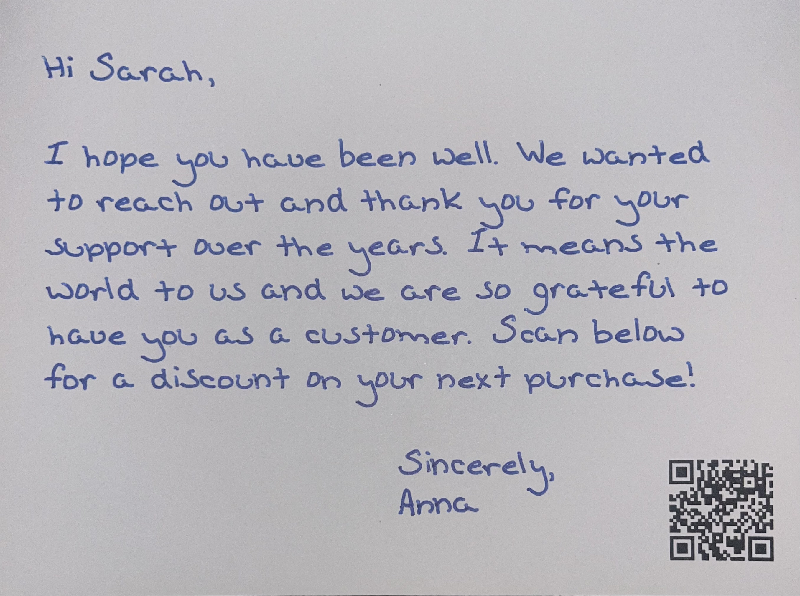 Real-ink Notedly card with handwritten message and QR code